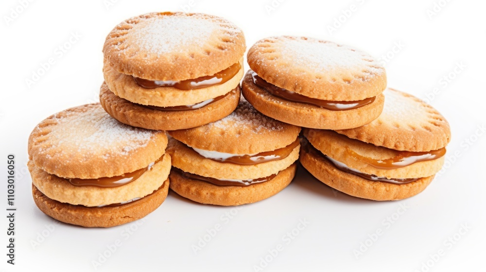 Poster Closeup of stacked cookie biscuits with rich filling isolated on white background displaying texture and color contrast.