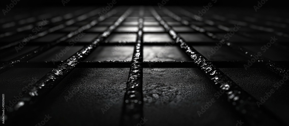 Poster textured monochrome metal grid viewed from above creating a dramatic perspective with shadows and re