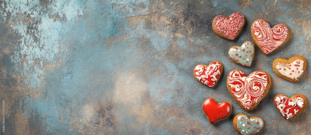 Poster Valentine's Day heart-shaped cookies with decorative glaze patterns arranged on rustic stone tabletop with ample copy space for promotions