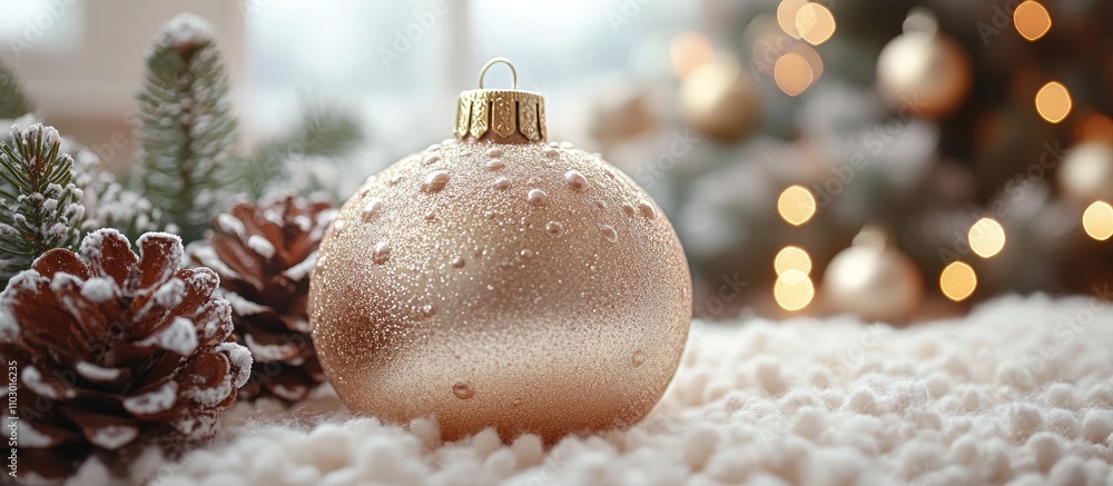 Poster cozy winter scene featuring a golden christmas ornament surrounded by pine cones and snow on a soft 