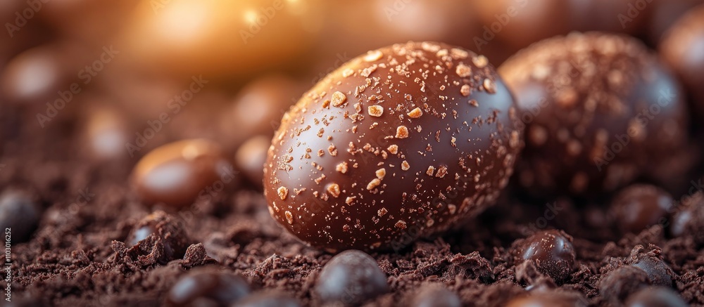 Poster chocolate easter eggs arranged on textured cocoa powder background highlighting festive spring celeb
