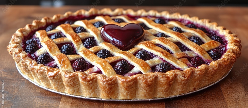 Poster delicious berry pie with lattice crust and heart shaped topping on a wooden table setting