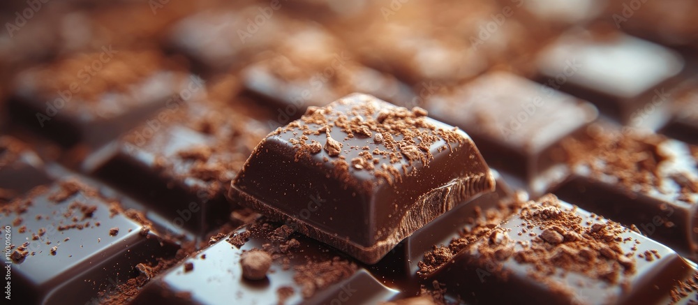 Aufkleber Rich dark chocolate squares with cocoa powder highlights creating an indulgent and appetizing presentation.