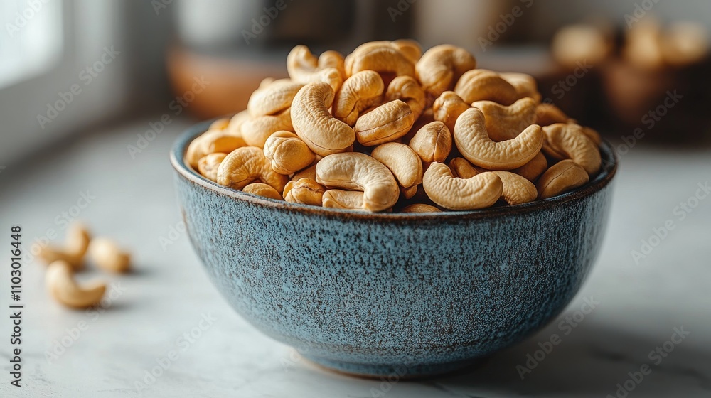 Poster cashews in a ceramic bowl on a marble surface with a soft-focus background highlighting the natural 