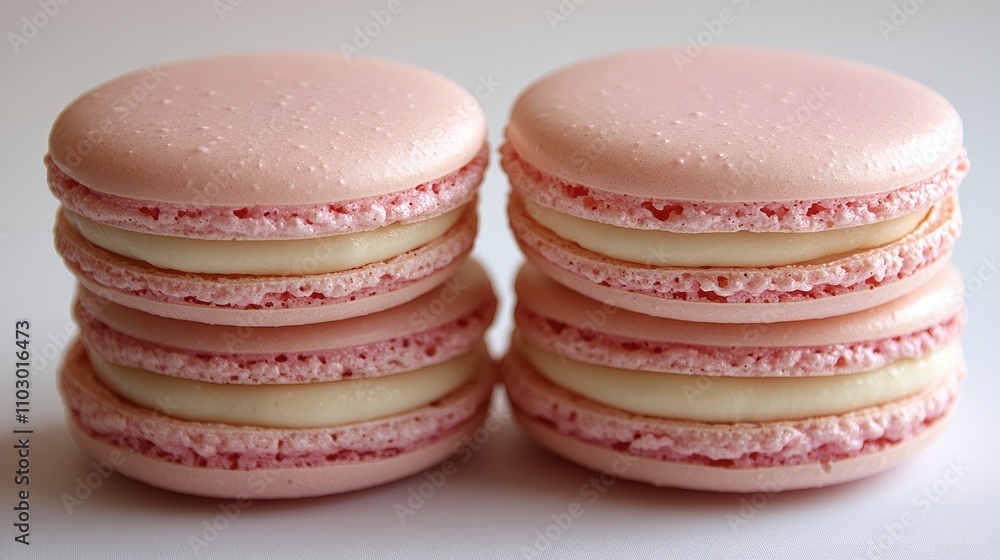 Poster pink macarons stacked on a white background showcasing their delicate texture and sweet filling perf