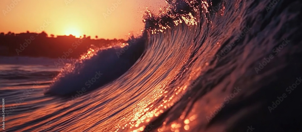 Poster golden sunset wave with vibrant colors and intricate details capturing the essence of a tranquil bea