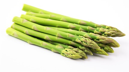 Fresh green asparagus spears arranged on a white background with selective focus highlighting their vibrant color and texture.