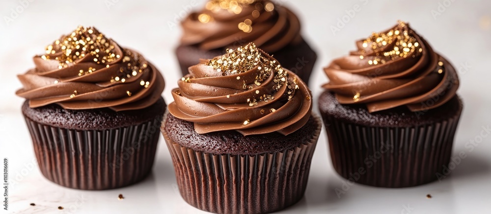 Poster chocolate cupcakes with gold sprinkles on rich icing arranged for a delightful close-up mockup on a 