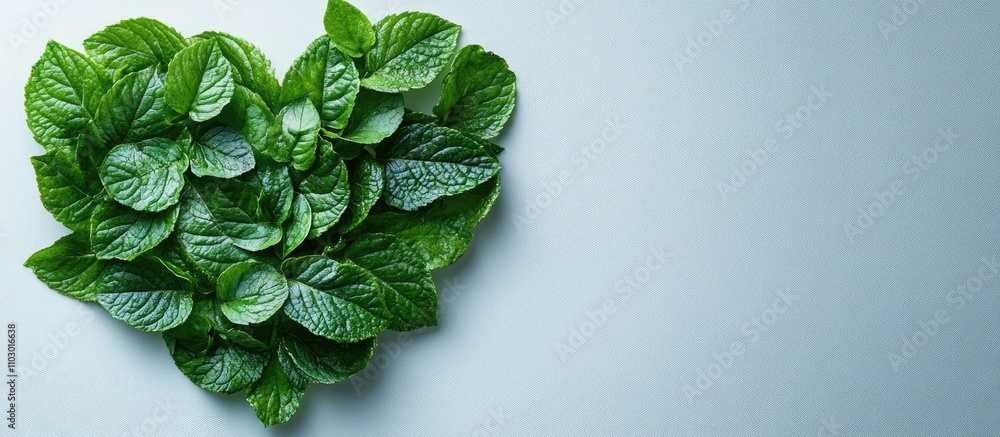 Poster heart-shaped arrangement of fresh green leaves on a light backdrop symbolizing spring and renewal wi