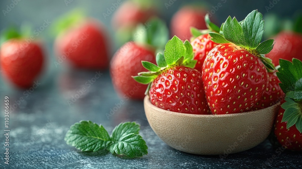 Aufkleber fresh ripe strawberries arranged in a bowl with green leaves on a textured surface showcasing vibran