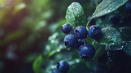 Organic blueberries glistening with raindrops on a vibrant bush surrounded by lush green foliage in a soft light setting