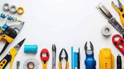 Top view of diverse electrician tools on white background, showcasing professionalism and precision.