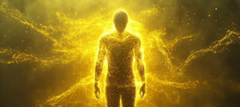 Glowing human figure with yellow chakra aura. Religion spiritual wisdom. Generative AI technology.	
