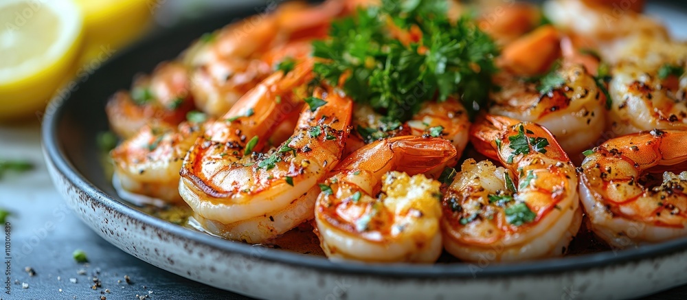 Poster plate of beautifully cooked prawns garnished with herbs and served with lemon slices against a rusti