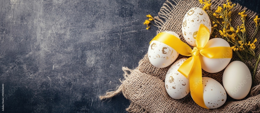 Aufkleber decorative easter eggs with yellow ribbon on rustic fabric showcasing copy space for celebration the