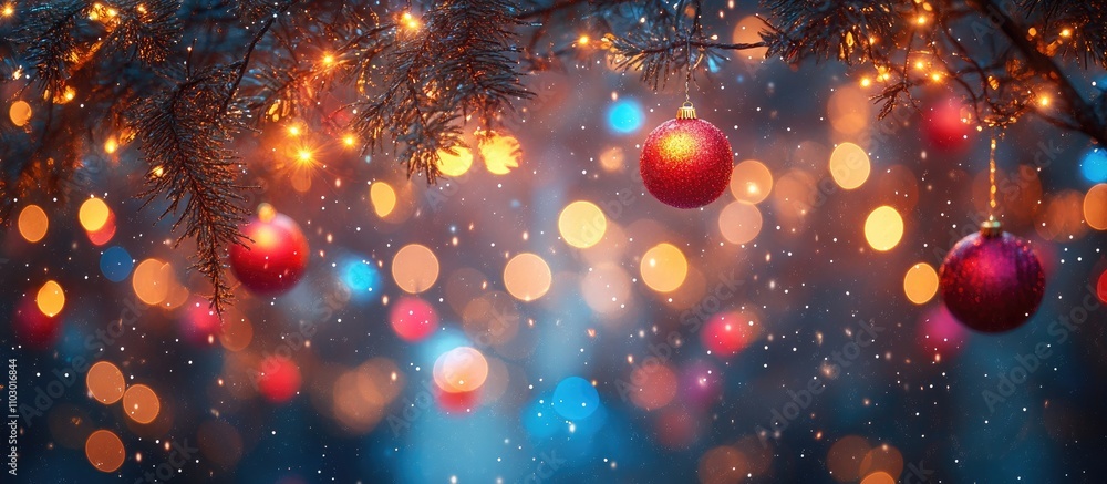 Poster festive bokeh lights and ornaments hanging on a tree creating a warm and dreamy holiday atmosphere w