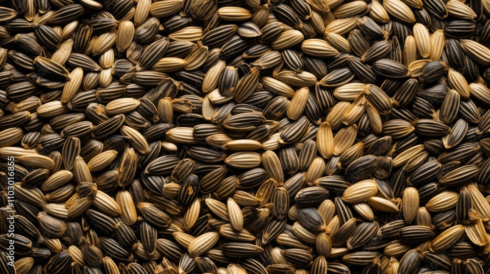 Poster sunflower seeds arranged in a textured layout showcasing their unique colors and patterns for culina
