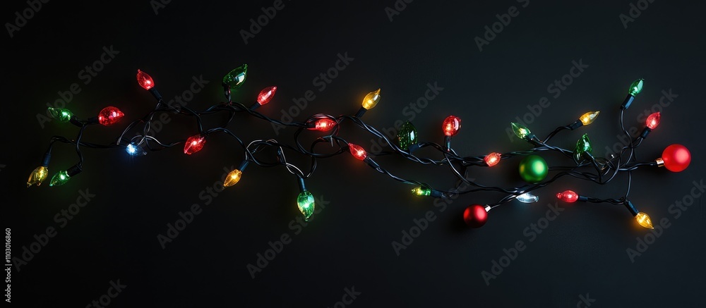 Poster christmas tree decorations with colorful lights arranged in a flat lay on a black background creatin