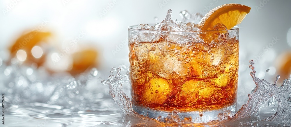 Poster refreshing cocktail splashing with citrus slice in a glass surrounded by droplets on a bright white 