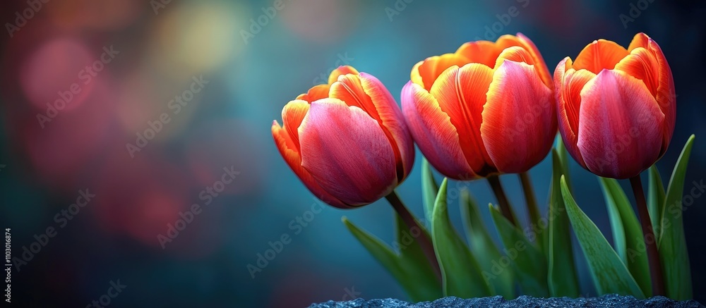 Poster Vibrant tulip blooms on dark stone table with soft blurred background and ample copy space for floral design or greeting card use