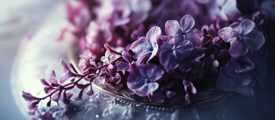 Elegant table setting with soft purple floral arrangements creating a serene and festive ambiance for special occasions.