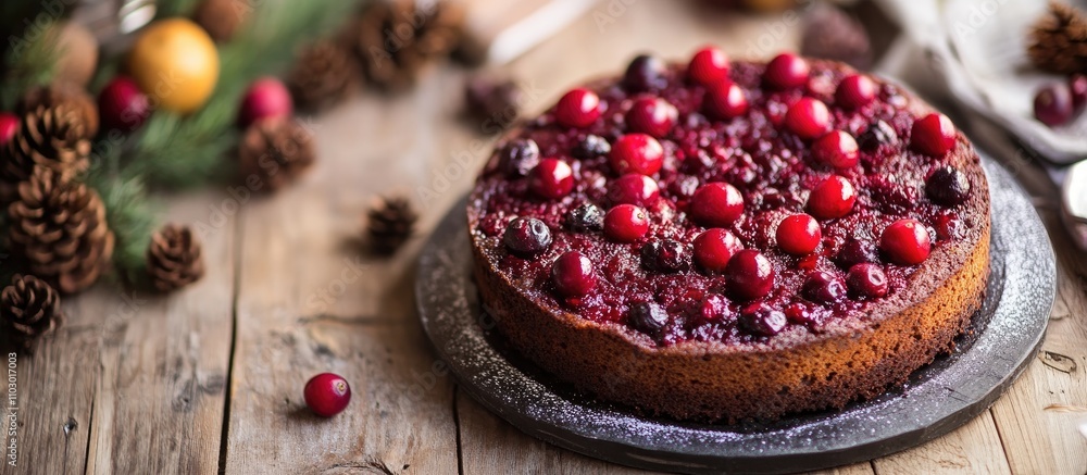 Poster cranberry cake garnished with fresh berries displayed on a rustic wooden table surrounded by pinecon