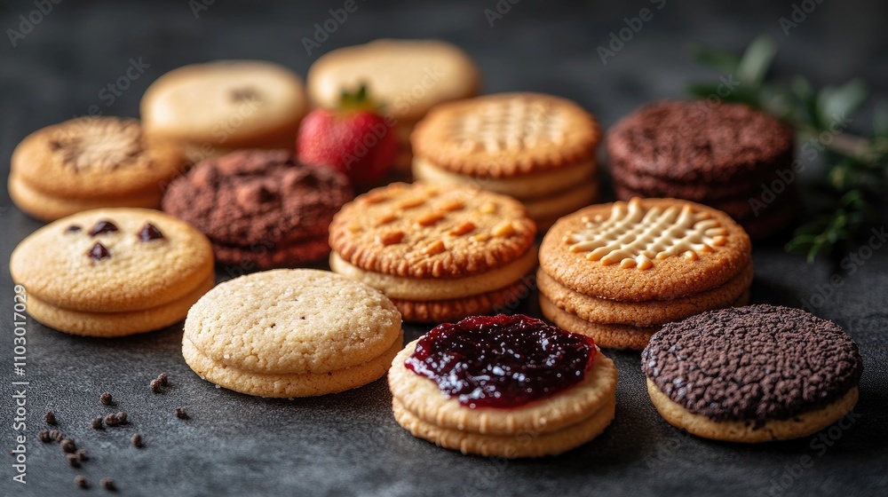 Poster assorted fresh baked cookies on dark background including strawberry jam coconut and pistachio varie