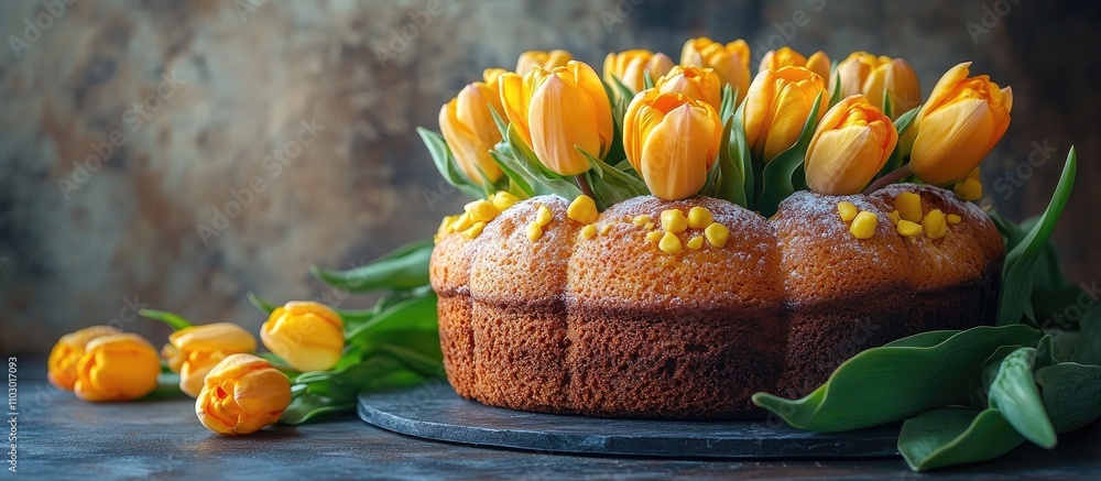 Poster easter cake decorated with vibrant yellow tulips on a rustic dark table against a textured light bac