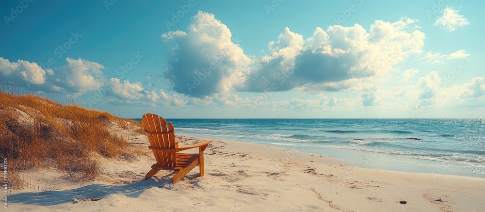 Poster adirondack chair on a serene beach with gentle waves and picturesque clouds creating a tranquil coas