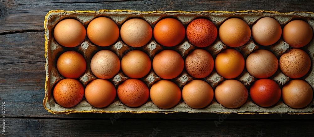 Poster fresh chicken eggs beautifully displayed in a yellow carton on a rustic wooden table against a dark 