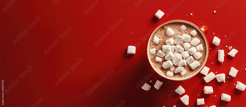 Poster Warm cocoa topped with marshmallows on a vibrant red background perfect for cozy winter vibes and festive seasonal settings