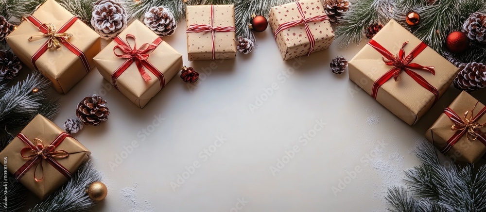 Poster christmas gift boxes arranged in a flat lay with pinecones and ornaments on a white background creat
