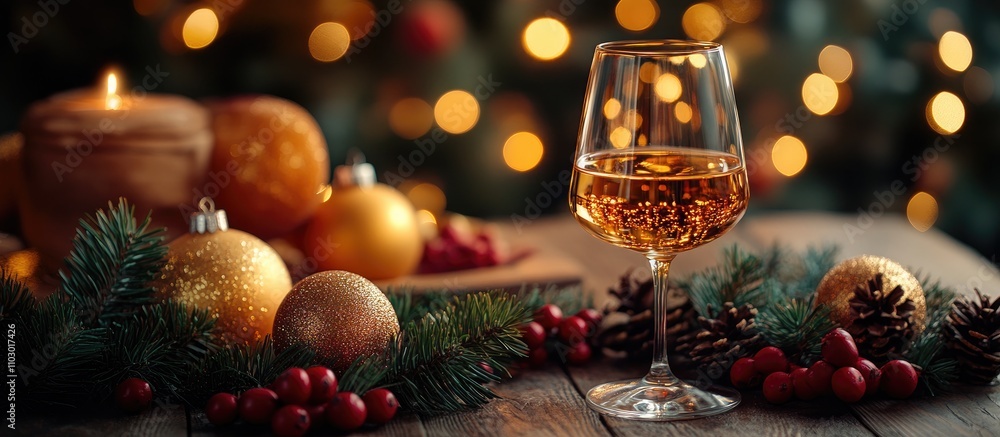 Aufkleber Elegant Christmas table setting with festive ornaments and a glass of wine creating a warm holiday atmosphere with bokeh background effects