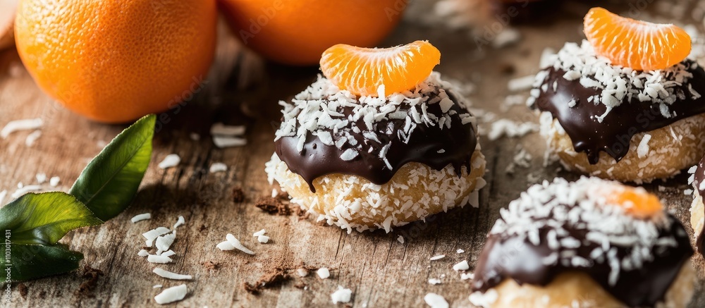 Aufkleber coconut cookies topped with chocolate icing and tangerine slices surrounded by fresh oranges on a ru