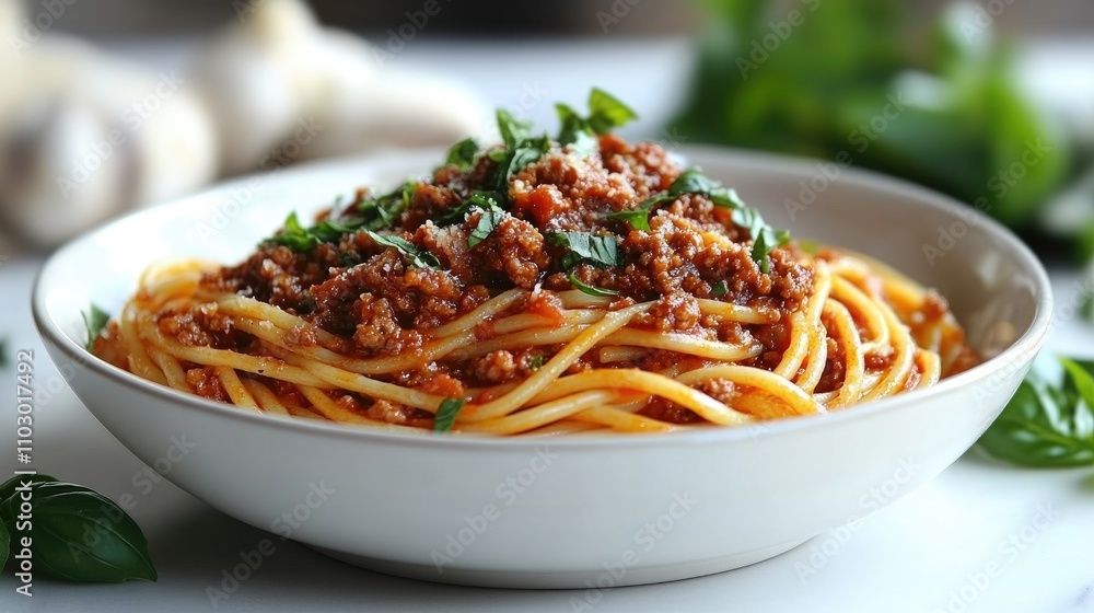 Poster bolognese sauce served over spaghetti in a white bowl with fresh basil on top against a soft lit bac