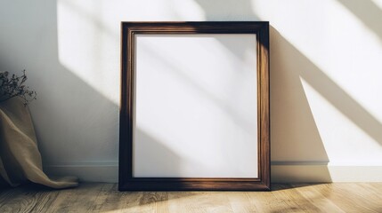 Antique black wooden frame with blank canvas leaning against a wall, bathed in natural light, perfect for showcasing artwork or images.