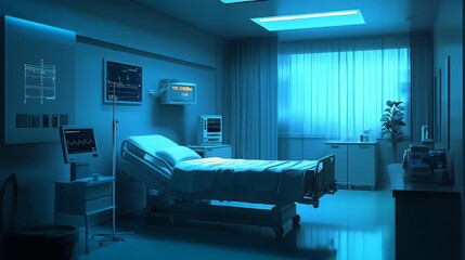 Modern Hospital Room with High-Tech Medical Equipment, Clean Environment, and Soothing Blue Lighting for Healthcare and Wellness Concepts