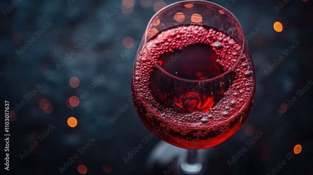Poster elegant glass of red wine with bubbles on a dark background illuminated by soft bokeh lights for a s