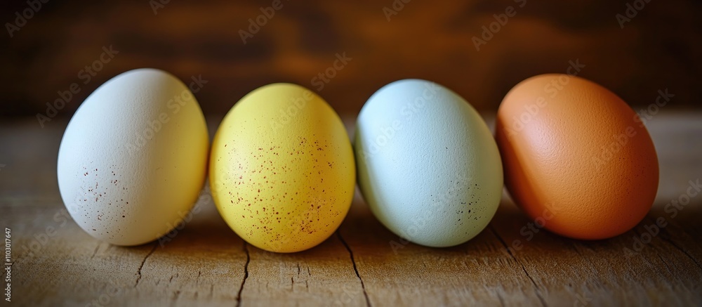 Poster colorful easter eggs arranged in a row on a rustic wooden surface showcasing springtime celebration 