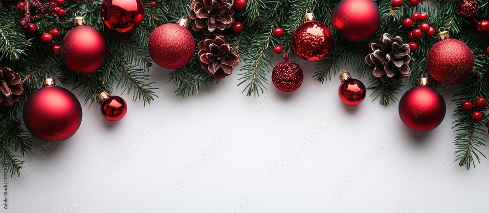 Aufkleber Christmas decorations with red ornaments and pinecones on evergreen twigs creating an elegant frame with ample copy space for your text