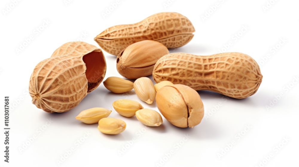 Poster Peanuts in various shells and kernels on a clean white background showcasing their natural textures and forms
