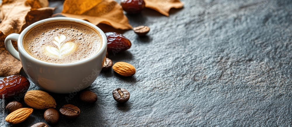 Poster autumn tabletop scene featuring a coffee cup dates almonds and leaves on a stone surface with ample 