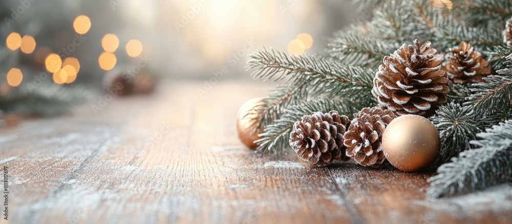 Poster Christmas fir tree branches with ornaments and pine cones on a rustic wooden surface creating a cozy holiday atmosphere for text space