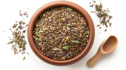 Aerial view of a ceramic bowl brimming with loose rooibos tea blend featuring lavender, complemented by a wooden scoop on a clean white background.