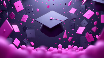 Graduation cap floating amidst vibrant pink confetti and balloons, symbolizing celebration and achievement. joyful atmosphere filled with excitement and success