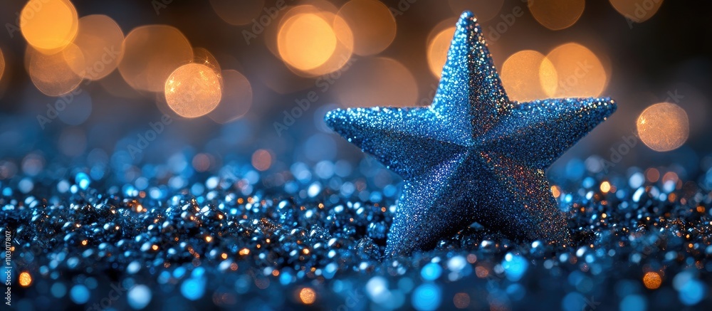 Poster sparkling blue christmas star ornament on shimmering glitter background with soft golden bokeh light