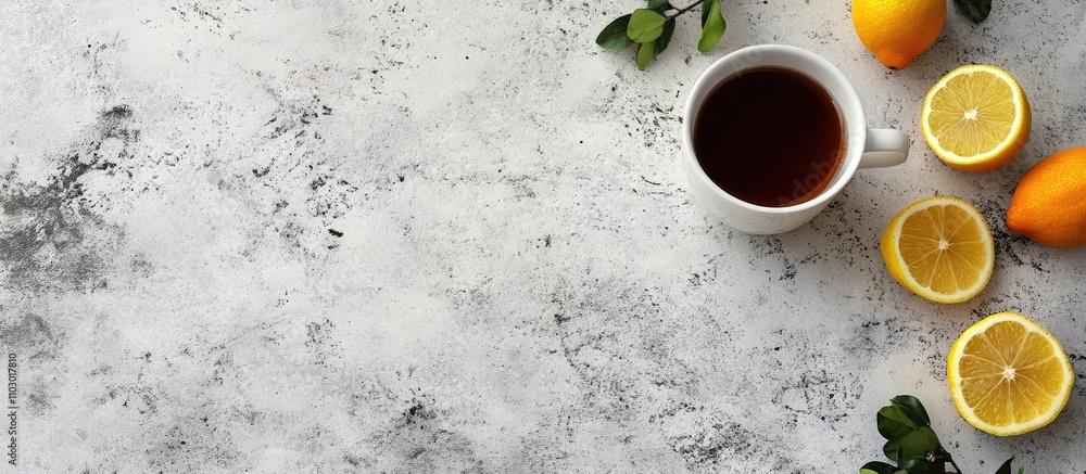 Poster cup of herbal tea with fresh lemon slices on rustic concrete background with green leaves accentuati