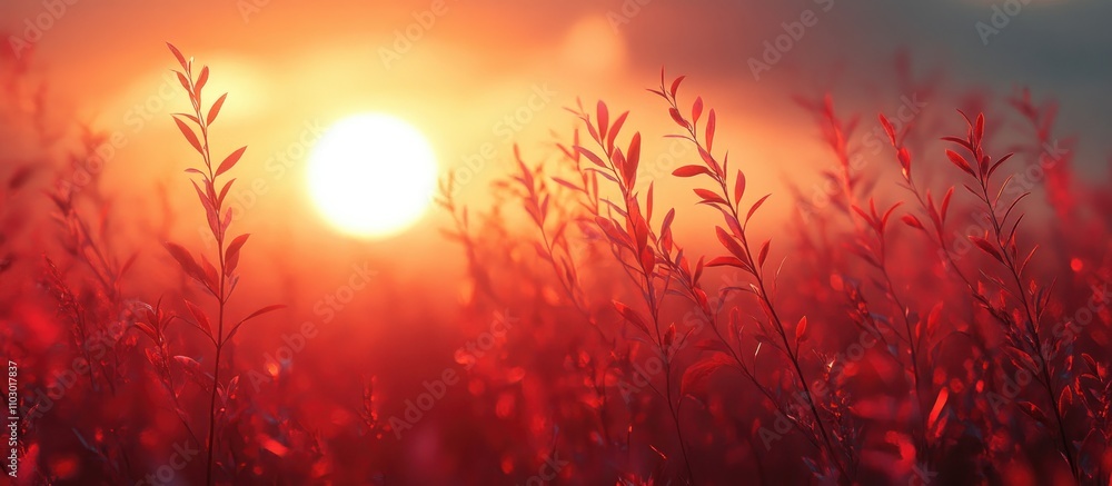 Poster sunset filtered through delicate leaf stems creating a warm and tranquil atmosphere in a vibrant nat