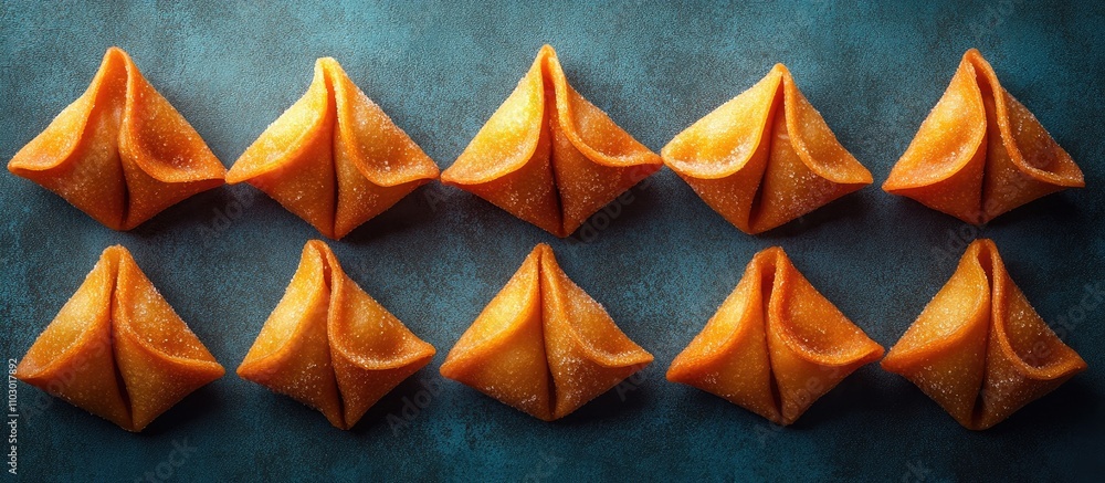 Poster Fortune cookies arranged in a flat lay pattern on a textured surface showcasing vibrant colors and unique shapes.