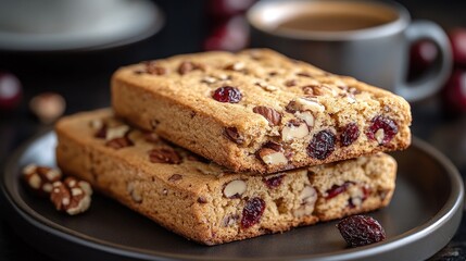 Biscotti cookies with nuts and cranberries on a tray with a blurred coffee cup in the background showcasing gourmet dessert indulgence.
